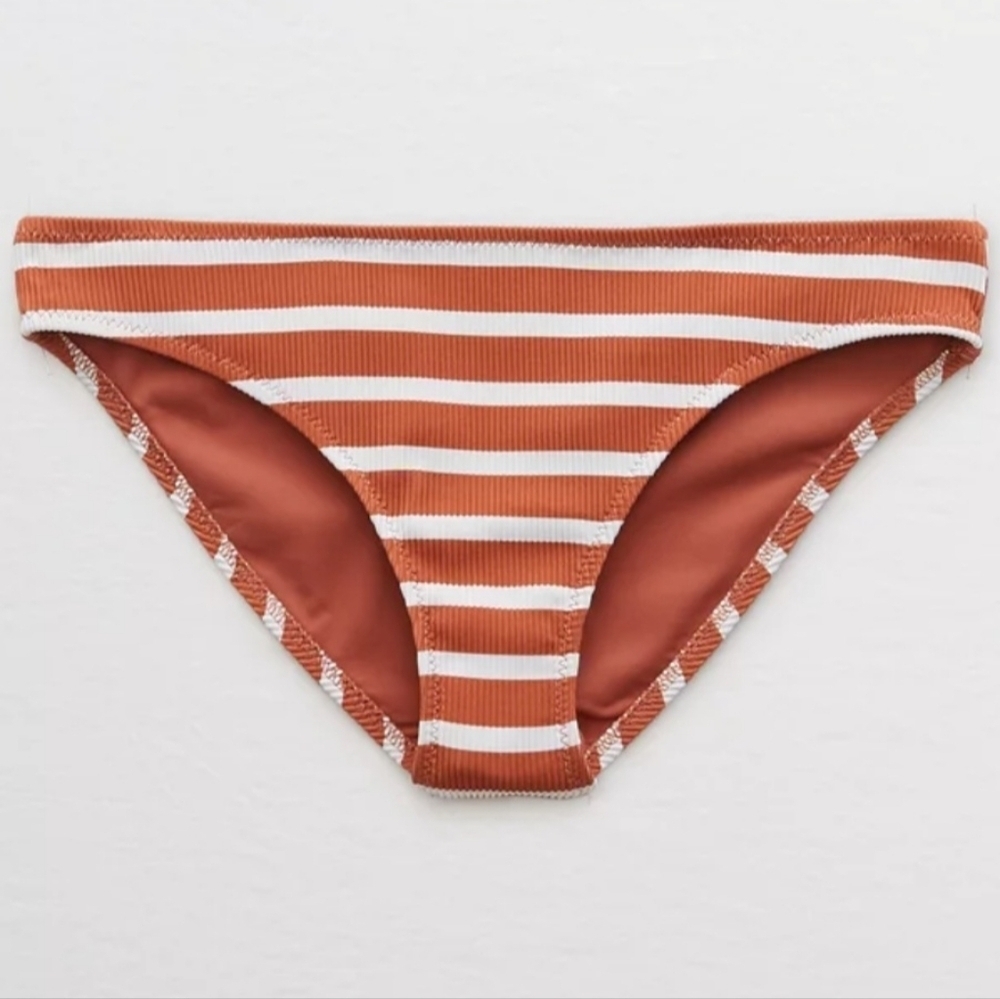 Aerie NWT Ribbed Full Coverage Striped Orange Bikini Swim Bottom Size XL